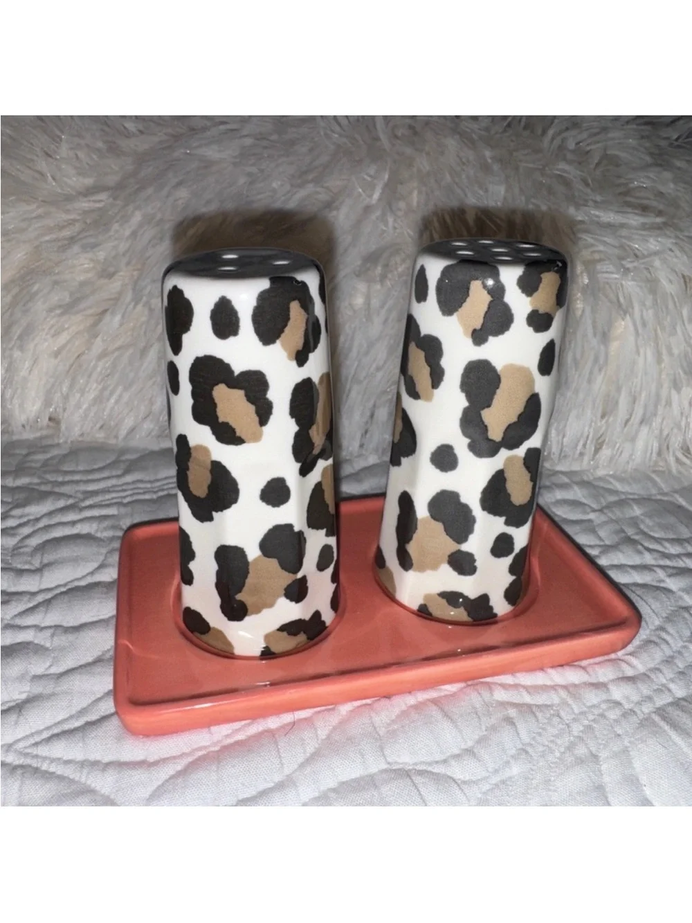 ANTHROPOLOGIE Leopard Stoneware Salt and Pepper With Tray Set